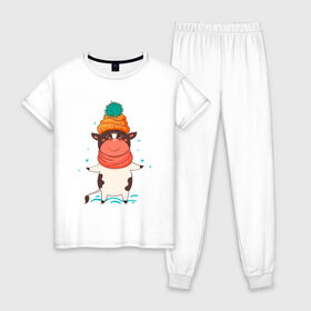 Женская пижама хлопок с принтом Довольный бык в Петрозаводске, 100% хлопок | брюки и футболка прямого кроя, без карманов, на брюках мягкая резинка на поясе и по низу штанин | 