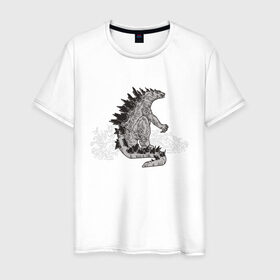 Мужская футболка хлопок с принтом Годзилла в Петрозаводске, 100% хлопок | прямой крой, круглый вырез горловины, длина до линии бедер, слегка спущенное плечо. | гадзила | годзила | годзилла | динозавр | динозавры | дракон | драконы | фильм | фильмы | япония | японское