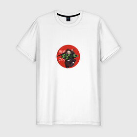 Мужская футболка хлопок Slim с принтом Demon Slayer в Петрозаводске, 92% хлопок, 8% лайкра | приталенный силуэт, круглый вырез ворота, длина до линии бедра, короткий рукав | anime | demon slayer | аниме | герой | демон | манга | мультик | мультфильм | надпись на японском | персонаж | танджиро камадо