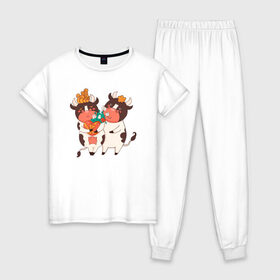 Женская пижама хлопок с принтом Влюбленные бычок и корова в Петрозаводске, 100% хлопок | брюки и футболка прямого кроя, без карманов, на брюках мягкая резинка на поясе и по низу штанин | 