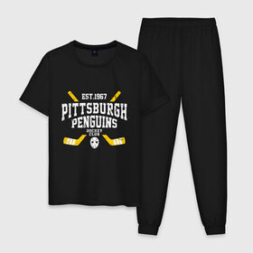 Мужская пижама хлопок с принтом Pittsburgh Penguins в Петрозаводске, 100% хлопок | брюки и футболка прямого кроя, без карманов, на брюках мягкая резинка на поясе и по низу штанин
 | hockey | nhl | penguins | pittsburg | pittsburgh | pittsburgh penguins | usa | нхл | пингвинз | питтсбург | питтсбург пингвинз | спорт | сша | хоккей | шайба