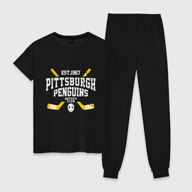 Женская пижама хлопок с принтом Pittsburgh Penguins в Петрозаводске, 100% хлопок | брюки и футболка прямого кроя, без карманов, на брюках мягкая резинка на поясе и по низу штанин | hockey | nhl | penguins | pittsburg | pittsburgh | pittsburgh penguins | usa | нхл | пингвинз | питтсбург | питтсбург пингвинз | спорт | сша | хоккей | шайба