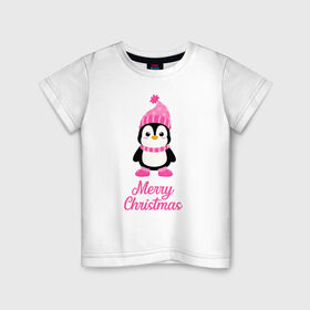Детская футболка хлопок с принтом Пингвин в Петрозаводске, 100% хлопок | круглый вырез горловины, полуприлегающий силуэт, длина до линии бедер | 2021 | merry christmas | белка | год быка | дед мороз | детская | дух  рождества | дух нового года | енот | животное | лиса | милый пингвин | новогодняя | пенгвин | пингвин | пингвиненок | пингвины | праздник