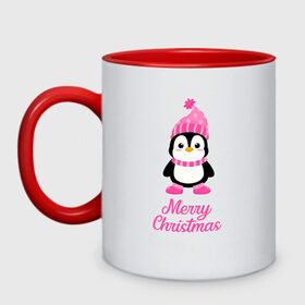 Кружка двухцветная с принтом Пингвин в Петрозаводске, керамика | объем — 330 мл, диаметр — 80 мм. Цветная ручка и кайма сверху, в некоторых цветах — вся внутренняя часть | 2021 | merry christmas | белка | год быка | дед мороз | детская | дух  рождества | дух нового года | енот | животное | лиса | милый пингвин | новогодняя | пенгвин | пингвин | пингвиненок | пингвины | праздник