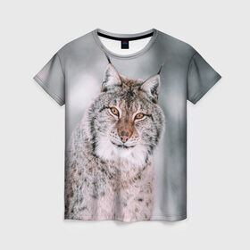 Женская футболка 3D с принтом Рысь в Петрозаводске, 100% полиэфир ( синтетическое хлопкоподобное полотно) | прямой крой, круглый вырез горловины, длина до линии бедер | cat | животные | звири | кис | киска | кот | котейка | котик | коты | котяра | кошка | кошки | природа | рысь