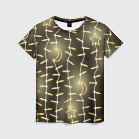 Женская футболка 3D с принтом Золотая Гирлянда в Петрозаводске, 100% полиэфир ( синтетическое хлопкоподобное полотно) | прямой крой, круглый вырез горловины, длина до линии бедер | 