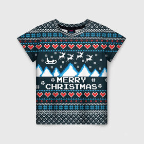 Детская футболка 3D с принтом Свитер Merry Christmas в Петрозаводске, 100% гипоаллергенный полиэфир | прямой крой, круглый вырез горловины, длина до линии бедер, чуть спущенное плечо, ткань немного тянется | 8бит | merry christmas | вязаный | горы | новый год | олени | пиксельный | ретро | рождество | свитер | узор