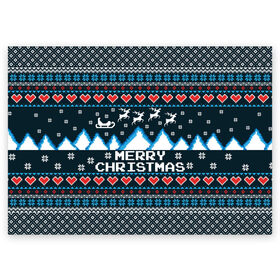 Поздравительная открытка с принтом Свитер Merry Christmas в Петрозаводске, 100% бумага | плотность бумаги 280 г/м2, матовая, на обратной стороне линовка и место для марки
 | 8бит | merry christmas | вязаный | горы | новый год | олени | пиксельный | ретро | рождество | свитер | узор