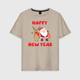 Женская футболка хлопок Oversize с принтом Happy new year в Петрозаводске, 100% хлопок | свободный крой, круглый ворот, спущенный рукав, длина до линии бедер
 | 