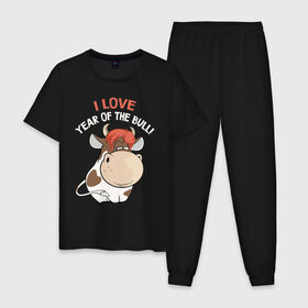 Мужская пижама хлопок с принтом I love year of the bull! в Петрозаводске, 100% хлопок | брюки и футболка прямого кроя, без карманов, на брюках мягкая резинка на поясе и по низу штанин
 | Тематика изображения на принте: 