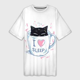 Платье-футболка 3D с принтом Я Люблю Спать в Петрозаводске,  |  | Тематика изображения на принте: cat | cats | coffee | i | love | nekoffee | night | sleep | вечер | жарко | зима | кот | котенок | котик | котэ | котяра | котята | кофе | кошка | люблю | любовь | нежное | нежный | ночь | сон | спать | тепло | холод | холодно | я