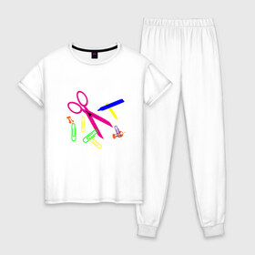 Женская пижама хлопок с принтом Цветные мелкие предметы в Петрозаводске, 100% хлопок | брюки и футболка прямого кроя, без карманов, на брюках мягкая резинка на поясе и по низу штанин | 