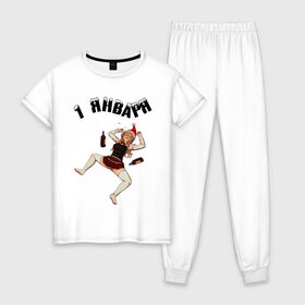 Женская пижама хлопок с принтом 1 ЯНВАРЯ в Петрозаводске, 100% хлопок | брюки и футболка прямого кроя, без карманов, на брюках мягкая резинка на поясе и по низу штанин | 