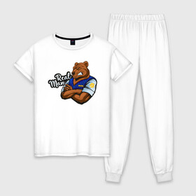 Женская пижама хлопок с принтом Крутой медведь mr Bear в Петрозаводске, 100% хлопок | брюки и футболка прямого кроя, без карманов, на брюках мягкая резинка на поясе и по низу штанин | 23 февраля | bear | real man | военный | дерзкий | клыки | крутой | медведь | милиция | мишка | мужик | мускулы | опасный | парень | прикольный | реальный | русский | сильный