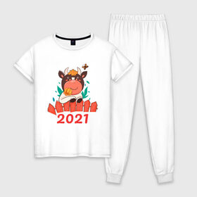 Женская пижама хлопок с принтом Довольный бык 2021 в Петрозаводске, 100% хлопок | брюки и футболка прямого кроя, без карманов, на брюках мягкая резинка на поясе и по низу штанин | Тематика изображения на принте: 