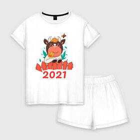 Женская пижама с шортиками хлопок с принтом Довольный бык 2021 в Петрозаводске, 100% хлопок | футболка прямого кроя, шорты свободные с широкой мягкой резинкой | Тематика изображения на принте: 