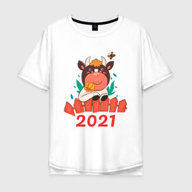 Мужская футболка хлопок Oversize с принтом Довольный бык 2021 в Петрозаводске, 100% хлопок | свободный крой, круглый ворот, “спинка” длиннее передней части | 