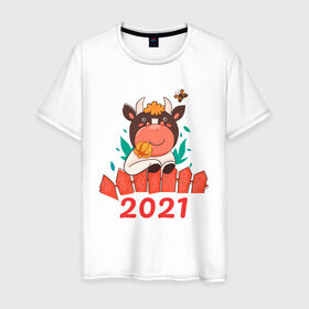 Мужская футболка хлопок с принтом Довольный бык 2021 в Петрозаводске, 100% хлопок | прямой крой, круглый вырез горловины, длина до линии бедер, слегка спущенное плечо. | 