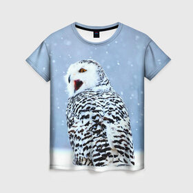 Женская футболка 3D с принтом Зимняя птица в Петрозаводске, 100% полиэфир ( синтетическое хлопкоподобное полотно) | прямой крой, круглый вырез горловины, длина до линии бедер | животные | звери | зима | зимний | зимняя | лес | природа | птица | сова