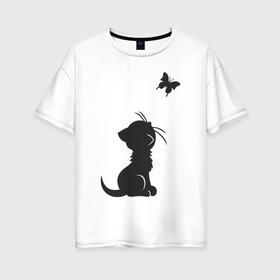 Женская футболка хлопок Oversize с принтом Котенок и бабочка в Петрозаводске, 100% хлопок | свободный крой, круглый ворот, спущенный рукав, длина до линии бедер
 | бабочка | животные | кот | котенок | милый