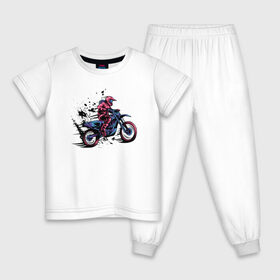 Детская пижама хлопок с принтом Мотокросс в Петрозаводске, 100% хлопок |  брюки и футболка прямого кроя, без карманов, на брюках мягкая резинка на поясе и по низу штанин
 | moto | motocross | motorcycle | мото | мотокросс | мотоцикл | мотоциклист | мотоциклисты | мотоциклы | неон | череп | шлем