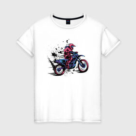 Женская футболка хлопок с принтом Мотокросс в Петрозаводске, 100% хлопок | прямой крой, круглый вырез горловины, длина до линии бедер, слегка спущенное плечо | moto | motocross | motorcycle | мото | мотокросс | мотоцикл | мотоциклист | мотоциклисты | мотоциклы | неон | череп | шлем