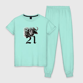 Женская пижама хлопок с принтом Год быка в Петрозаводске, 100% хлопок | брюки и футболка прямого кроя, без карманов, на брюках мягкая резинка на поясе и по низу штанин | 