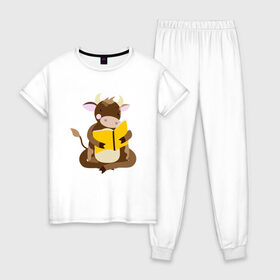 Женская пижама хлопок с принтом Бычок с книжкой в Петрозаводске, 100% хлопок | брюки и футболка прямого кроя, без карманов, на брюках мягкая резинка на поясе и по низу штанин | 