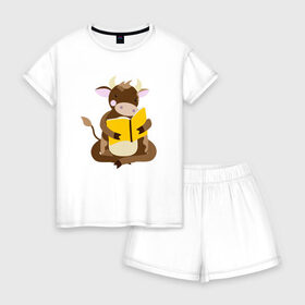 Женская пижама с шортиками хлопок с принтом Бычок с книжкой в Петрозаводске, 100% хлопок | футболка прямого кроя, шорты свободные с широкой мягкой резинкой | 