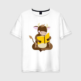 Женская футболка хлопок Oversize с принтом Бычок с книжкой в Петрозаводске, 100% хлопок | свободный крой, круглый ворот, спущенный рукав, длина до линии бедер
 | 