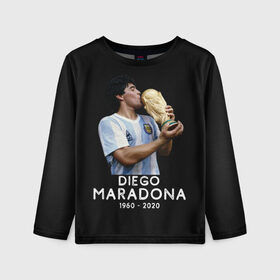 Детский лонгслив 3D с принтом Diego Maradona в Петрозаводске, 100% полиэстер | длинные рукава, круглый вырез горловины, полуприлегающий силуэт
 | 10 | 1960 | 2020 | argentina | barcelona | diego | football | legend | leo | lionel | maradona | messi | retro | rip | soccer | аргентина | барселона | бога | диего | легенда | лионель | марадона | месси | мяч | ретро | рука | форма | футбол