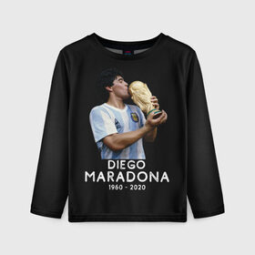 Детский лонгслив 3D с принтом Diego Maradona в Петрозаводске, 100% полиэстер | длинные рукава, круглый вырез горловины, полуприлегающий силуэт
 | Тематика изображения на принте: 10 | 1960 | 2020 | argentina | barcelona | diego | football | legend | leo | lionel | maradona | messi | retro | rip | soccer | аргентина | барселона | бога | диего | легенда | лионель | марадона | месси | мяч | ретро | рука | форма | футбол