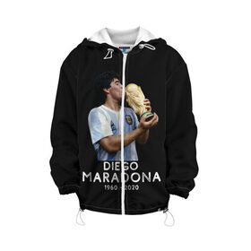 Детская куртка 3D с принтом Diego Maradona в Петрозаводске, 100% полиэстер | застежка — молния, подол и капюшон оформлены резинкой с фиксаторами, по бокам — два кармана без застежек, один потайной карман на груди, плотность верхнего слоя — 90 г/м2; плотность флисового подклада — 260 г/м2 | Тематика изображения на принте: 10 | 1960 | 2020 | argentina | barcelona | diego | football | legend | leo | lionel | maradona | messi | retro | rip | soccer | аргентина | барселона | бога | диего | легенда | лионель | марадона | месси | мяч | ретро | рука | форма | футбол