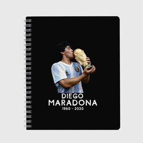 Тетрадь с принтом Diego Maradona в Петрозаводске, 100% бумага | 48 листов, плотность листов — 60 г/м2, плотность картонной обложки — 250 г/м2. Листы скреплены сбоку удобной пружинной спиралью. Уголки страниц и обложки скругленные. Цвет линий — светло-серый
 | Тематика изображения на принте: 10 | 1960 | 2020 | argentina | barcelona | diego | football | legend | leo | lionel | maradona | messi | retro | rip | soccer | аргентина | барселона | бога | диего | легенда | лионель | марадона | месси | мяч | ретро | рука | форма | футбол