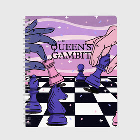 Тетрадь с принтом The Queens Gambit в Петрозаводске, 100% бумага | 48 листов, плотность листов — 60 г/м2, плотность картонной обложки — 250 г/м2. Листы скреплены сбоку удобной пружинной спиралью. Уголки страниц и обложки скругленные. Цвет линий — светло-серый
 | Тематика изображения на принте: beth harmon | chess | queens gambit | the queens gambit | аня тейлор джой | бет хармон | нетфликс | ход королевы | шахматы