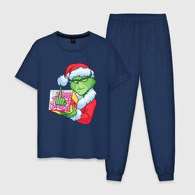Мужская пижама хлопок с принтом Новый год. Гринч в Петрозаводске, 100% хлопок | брюки и футболка прямого кроя, без карманов, на брюках мягкая резинка на поясе и по низу штанин
 | 2021 | гринч | новый год | подарок | рождество