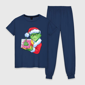 Женская пижама хлопок с принтом Новый год. Гринч в Петрозаводске, 100% хлопок | брюки и футболка прямого кроя, без карманов, на брюках мягкая резинка на поясе и по низу штанин | 2021 | гринч | новый год | подарок | рождество