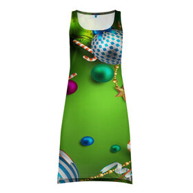 Платье-майка 3D с принтом Новогодние игрушки! в Петрозаводске, 100% полиэстер | полуприлегающий силуэт, широкие бретели, круглый вырез горловины, удлиненный подол сзади. | 