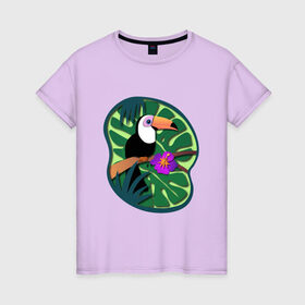 Женская футболка хлопок с принтом Тукан в Петрозаводске, 100% хлопок | прямой крой, круглый вырез горловины, длина до линии бедер, слегка спущенное плечо | лето | пальмы | природа | птицы | растения | тропики | тукан | цветы