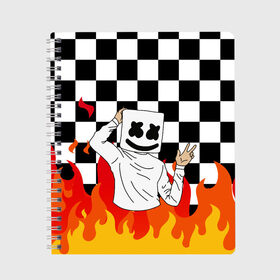 Тетрадь с принтом MARSHMELLO в Петрозаводске, 100% бумага | 48 листов, плотность листов — 60 г/м2, плотность картонной обложки — 250 г/м2. Листы скреплены сбоку удобной пружинной спиралью. Уголки страниц и обложки скругленные. Цвет линий — светло-серый
 | Тематика изображения на принте: fortnite | game. | marshmello | music | маршмелло | маршмело | музыка | фортнайт