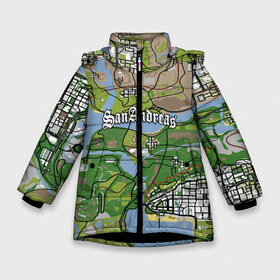 Зимняя куртка для девочек 3D с принтом GTA San Andreas map в Петрозаводске, ткань верха — 100% полиэстер; подклад — 100% полиэстер, утеплитель — 100% полиэстер. | длина ниже бедра, удлиненная спинка, воротник стойка и отстегивающийся капюшон. Есть боковые карманы с листочкой на кнопках, утяжки по низу изделия и внутренний карман на молнии. 

Предусмотрены светоотражающий принт на спинке, радужный светоотражающий элемент на пуллере молнии и на резинке для утяжки. | game | grand theft auto | gta san andreas | гта сан андреас | игра | карта | самп