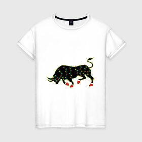 Женская футболка хлопок с принтом Bull silhouette and garland в Петрозаводске, 100% хлопок | прямой крой, круглый вырез горловины, длина до линии бедер, слегка спущенное плечо | 