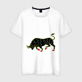 Мужская футболка хлопок с принтом Bull silhouette and garland в Петрозаводске, 100% хлопок | прямой крой, круглый вырез горловины, длина до линии бедер, слегка спущенное плечо. | 