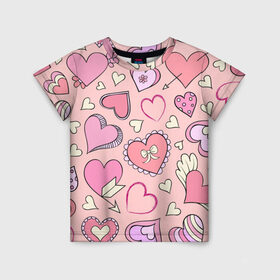 Детская футболка 3D с принтом Розовые сердечки в Петрозаводске, 100% гипоаллергенный полиэфир | прямой крой, круглый вырез горловины, длина до линии бедер, чуть спущенное плечо, ткань немного тянется | для девочек | любимой | любовь | розовое | романтика | сердечки | сердечко | сердце