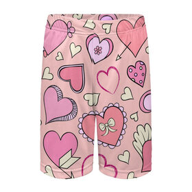 Детские спортивные шорты 3D с принтом Розовые сердечки в Петрозаводске,  100% полиэстер
 | пояс оформлен широкой мягкой резинкой, ткань тянется
 | для девочек | любимой | любовь | розовое | романтика | сердечки | сердечко | сердце