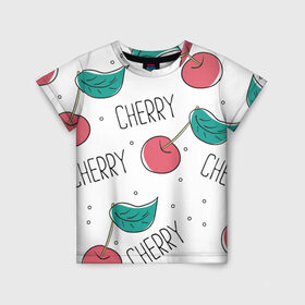 Детская футболка 3D с принтом Вишенки Cherry в Петрозаводске, 100% гипоаллергенный полиэфир | прямой крой, круглый вырез горловины, длина до линии бедер, чуть спущенное плечо, ткань немного тянется | Тематика изображения на принте: cherry | белый | вишня | красный | лето | надпись | сад | черенок | черешня | ягода
