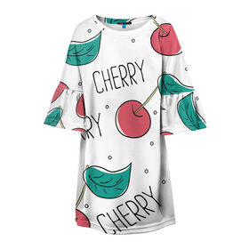 Детское платье 3D с принтом Вишенки Cherry в Петрозаводске, 100% полиэстер | прямой силуэт, чуть расширенный к низу. Круглая горловина, на рукавах — воланы | Тематика изображения на принте: cherry | белый | вишня | красный | лето | надпись | сад | черенок | черешня | ягода