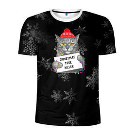 Мужская футболка 3D спортивная с принтом Новогодний кот в Петрозаводске, 100% полиэстер с улучшенными характеристиками | приталенный силуэт, круглая горловина, широкие плечи, сужается к линии бедра | 