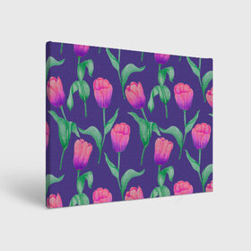 Холст прямоугольный с принтом Тюльпаны на фиолетовом фоне в Петрозаводске, 100% ПВХ |  | Тематика изображения на принте: зеленый | листья | любовь | паттерн | праздник | природа | растения | розовый | романтика | тюльпаны | узор | фиолетовый | цветы