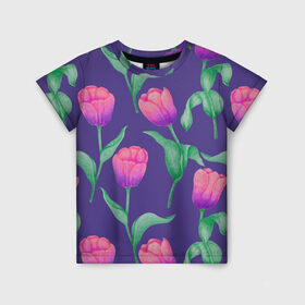 Детская футболка 3D с принтом Тюльпаны на фиолетовом фоне в Петрозаводске, 100% гипоаллергенный полиэфир | прямой крой, круглый вырез горловины, длина до линии бедер, чуть спущенное плечо, ткань немного тянется | зеленый | листья | любовь | паттерн | праздник | природа | растения | розовый | романтика | тюльпаны | узор | фиолетовый | цветы